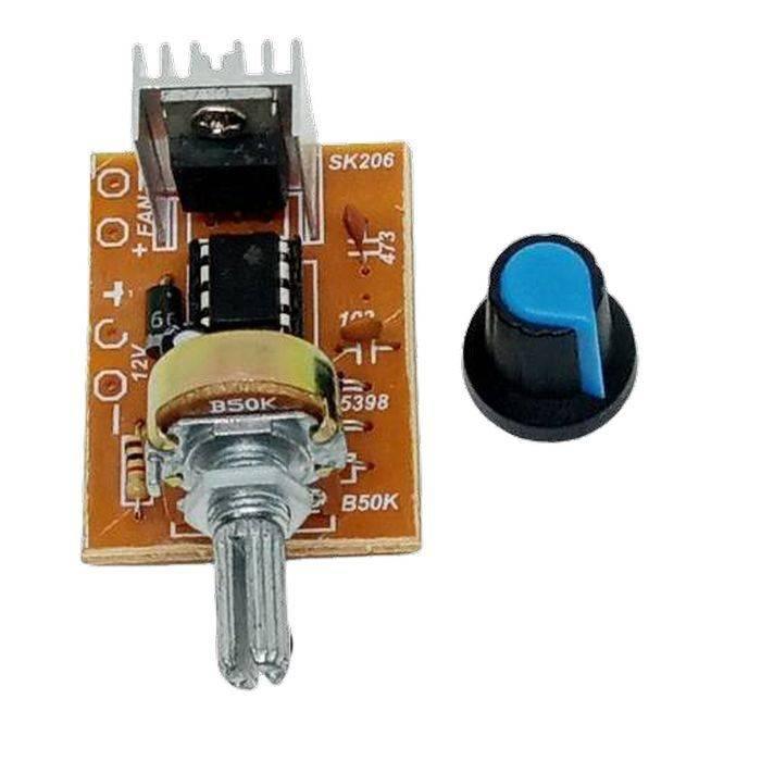 12V 5A DC Dimmer DC Fan Motor PWM Speed Controller Module Discontinue product - the circuit board with a B50K potentiometer, heatsink, and a separate blue-topped knob.