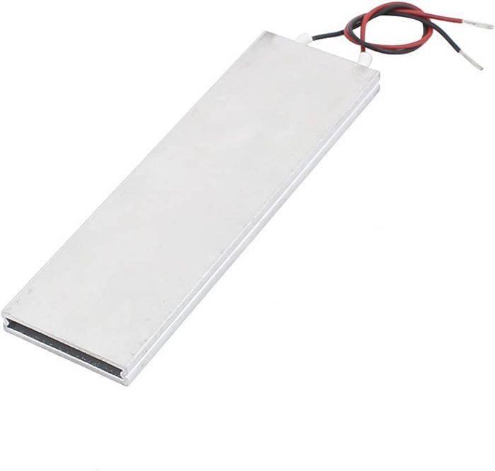 12V 60C 20W High Power Pt-c Heating Element Thermostatic Heater Plate 100MMX30MMX5MM - a rectangular silver metal heater plate with two insulated wires extending from one end.
