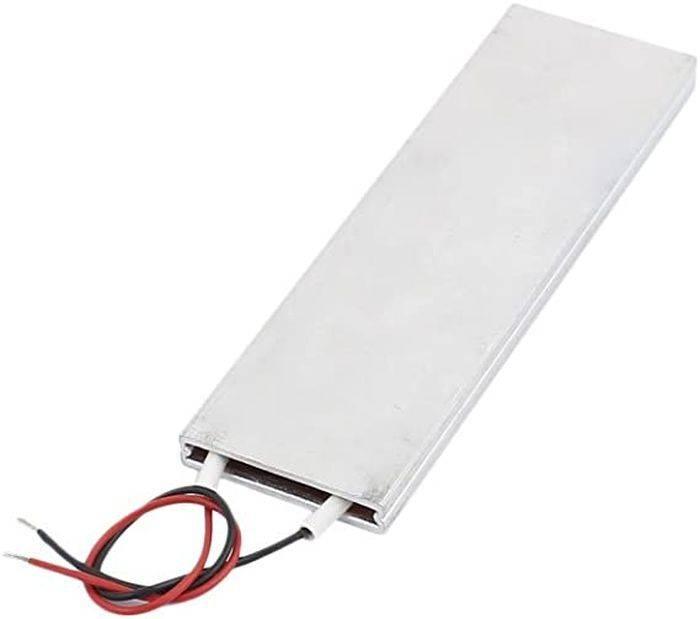 12V 60C 20W High Power Pt-c Heating Element Thermostatic Heater Plate 100MMX30MMX5MM - a rectangular silver metal plate with two insulated wires extending from one end.