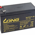 12V 7Ah Battery - a black rectangular rechargeable sealed lead-acid battery with two metal terminals on the top and yellow printed text on the front.