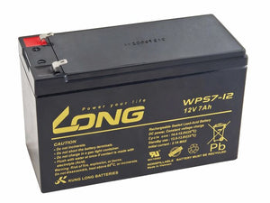 12V 7Ah Battery - a black rectangular rechargeable sealed lead-acid battery with two metal terminals on the top and yellow printed text on the front.