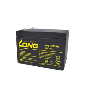 12V 7Ah Battery - a black rectangular lead-acid battery with two metal terminals on top and yellow text detailing specifications printed on the front.