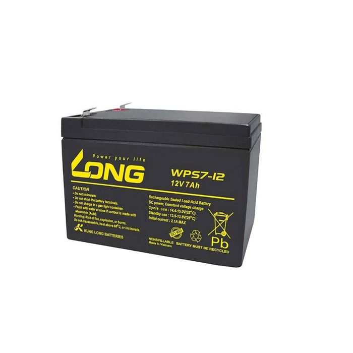12V 7Ah Battery - a black rectangular lead-acid battery with two metal terminals on top and yellow text detailing specifications printed on the front.