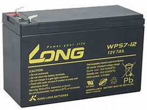 12V 7Ah Battery - a black rectangular lead-acid battery with two metal terminals on top and yellow branding text on the side.