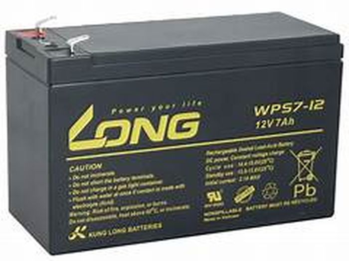 12V 7Ah Battery - a black rectangular lead-acid battery with two metal terminals on top and yellow branding text on the side.