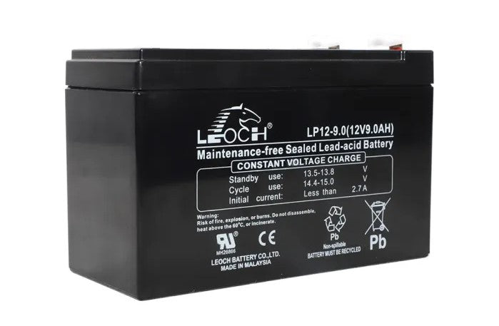 12V 9A DC Battery - a black rectangular sealed lead-acid battery with two metal terminals on top and technical specifications printed on the front.