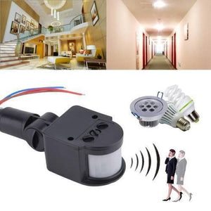 12V Automatic Infrared PIR Motion Sensor Detector Switch - shown with a black adjustable housing, two adjustment knobs, and connected light bulbs.