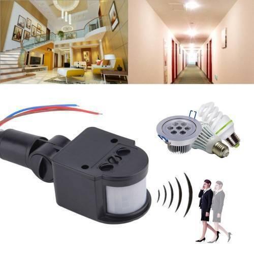 12V Automatic Infrared PIR Motion Sensor Detector Switch - shown with a black adjustable housing, two adjustment knobs, and connected light bulbs.