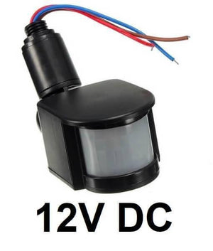12V Automatic Infrared PIR Motion Sensor Detector Switch - a black plastic motion sensor with a translucent lens and three colored wires extending out.