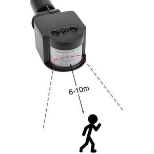 12V Automatic Infrared PIR Motion Sensor Detector Switch - a black sensor unit with three top adjustment knobs and a diagram of its detection range.