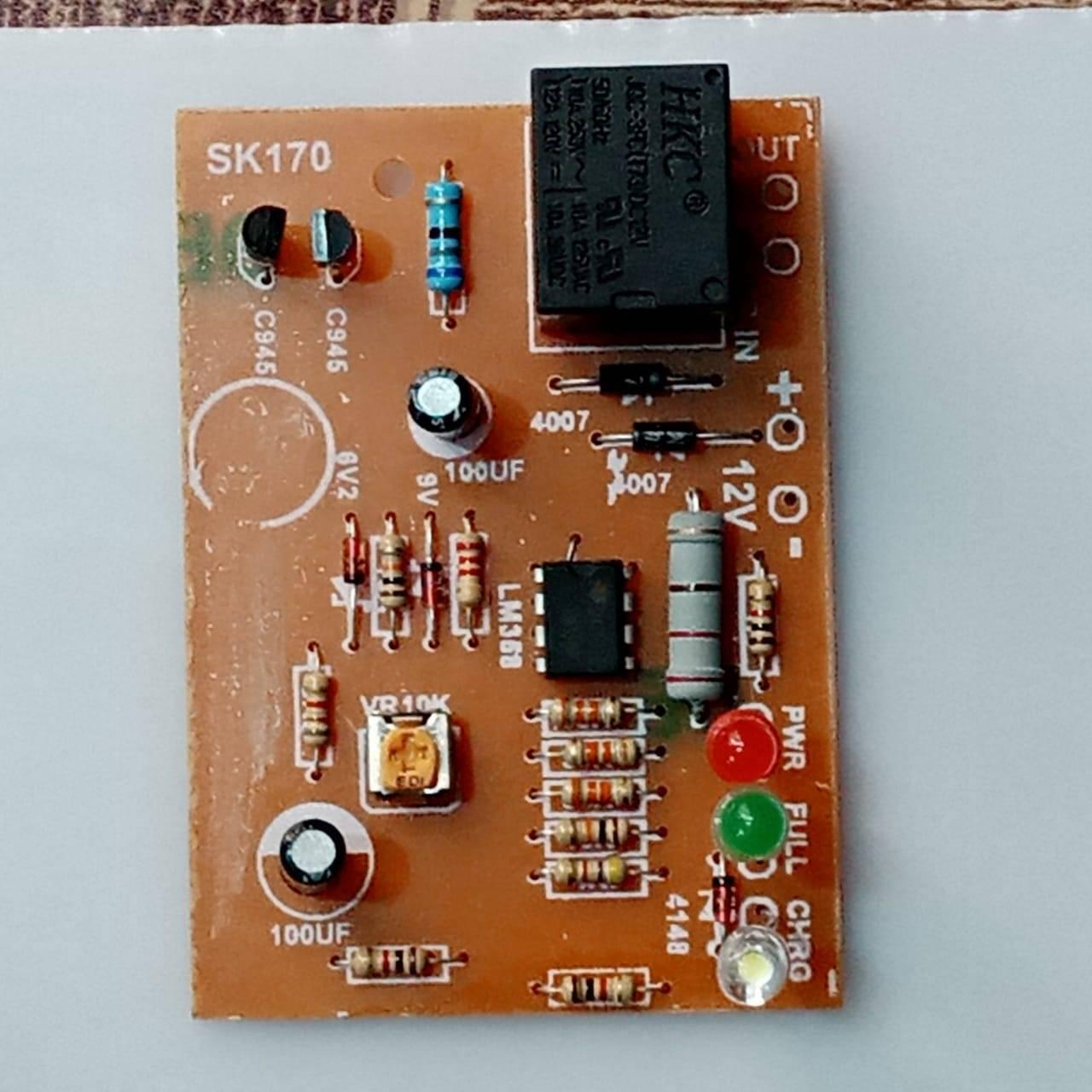 12V Battery Protection Auto Cut Off Circuit BMS - shown as a rectangular brown circuit board with a relay, an IC, capacitors, resistors, and three LEDs.