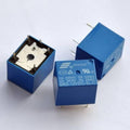 12V Coil T73 Relay 10 Amp Spdt 5 Pin Relay - one showing its five metal pins and two showing printed specifications.