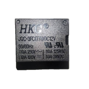 12V Coil T73 Relay 10 Amp Spdt 5 Pin Relay - shown as a close-up of a black, square electronic relay component with white printed technical specifications.