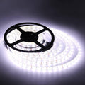 12V DC 5 Meter White LED Strip - shown coiled on a black plastic spool, illuminated with a bright white light against a dark background.