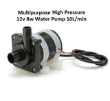 12V DC 8watt Brushless Water Pump And Solar Pump - a black cylindrical pump with a white plastic mounting bracket, two hose ports, and attached red and black power wires.