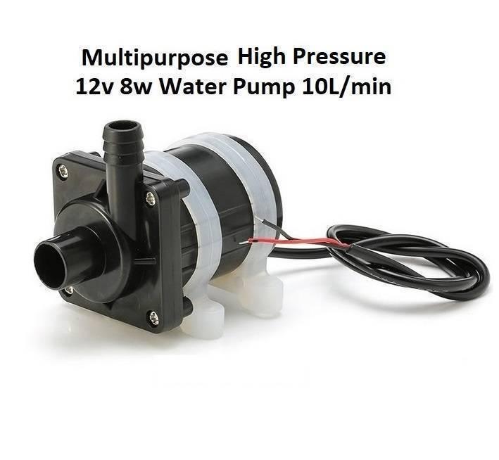 12V DC 8watt Brushless Water Pump And Solar Pump - a black cylindrical pump with a white plastic mounting bracket, two hose ports, and attached red and black power wires.