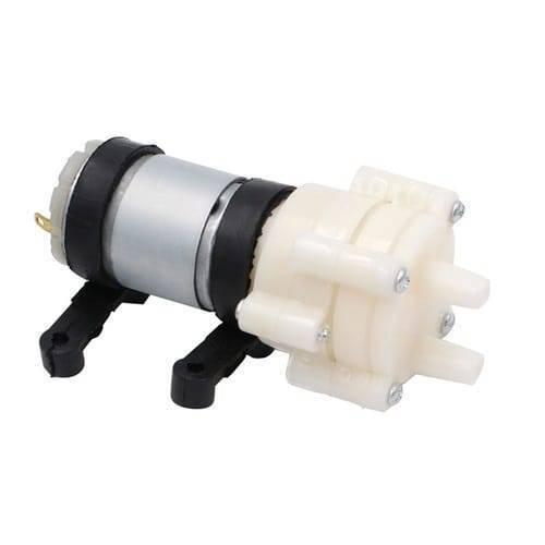 12V DC Diaphragm Water Pump For Arduino - a silver cylindrical motor, black mounting brackets, and a white plastic pump head with two ports.