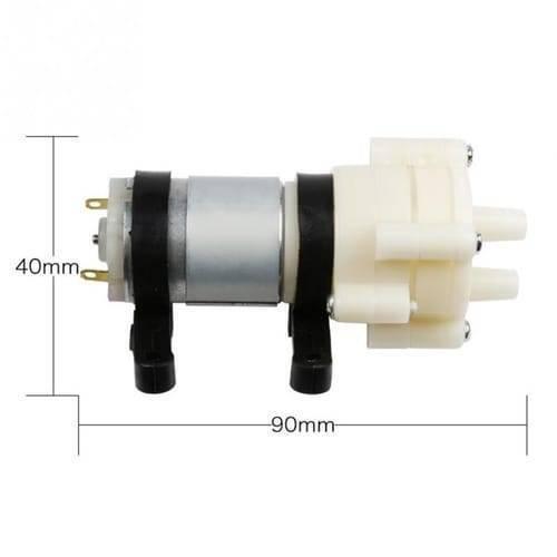 12V DC Diaphragm Water Pump For Arduino - shown from the side with black mounting brackets and dimension lines indicating a 40mm height and 90mm length.