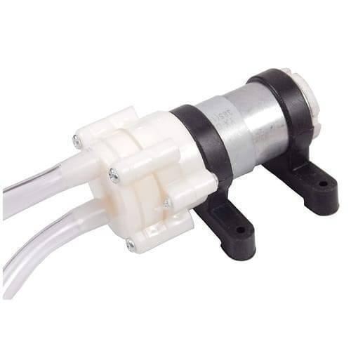 12V DC Diaphragm Water Pump For Arduino - a white plastic pump head with two clear tubes attached to a silver motor held by black brackets.