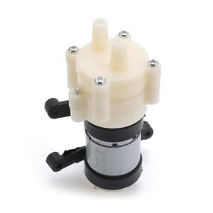 12V DC Diaphragm Water Pump For Arduino - a white plastic pump head with two nozzles attached to a cylindrical silver motor with black mounting brackets.