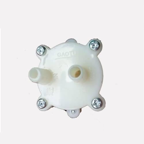 12V DC Diaphragm Water Pump For Arduino - a close-up of the white plastic pump head with two circular ports and four mounting screws.