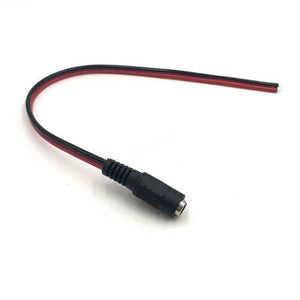 12V DC Female Connector Power Cable Wire DC Jack Female - a black DC female jack attached to a red and black two-wire cable on a white background.