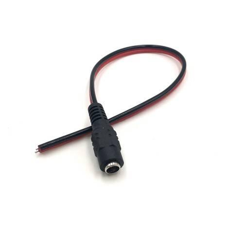 12V DC Female Connector Power Cable Wire DC Jack Female - a black and red wire attached to a black cylindrical female DC power jack.