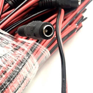 12V DC Female Connector Power Cable Wire DC Jack Female - a close-up of a black female DC barrel jack connector attached to red and black wires.
