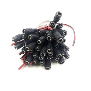 12V DC Female Connector Power Cable Wire DC Jack Female - a large bundle of black cylindrical DC female barrel connectors with red and black wires.