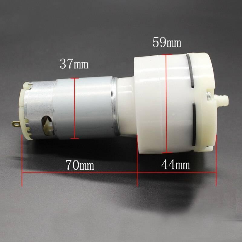 12V DC Gas Pump Air Pump For LCD Touch Separator And Multiple - shown in a dimension diagram with white plastic housing and a silver cylindrical motor.