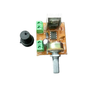 12V DC Motor Speed Controller Fan Speed Controller DC Fan Dimer - a circuit board with a rotary knob, green screw terminals, and a heatsink.