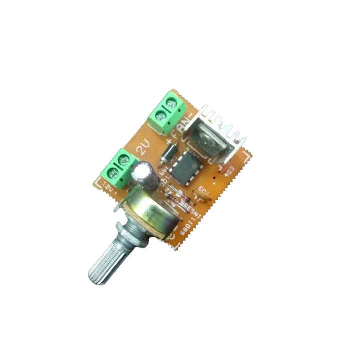 12V DC Motor Speed Controller Fan Speed Controller DC Fan Dimer - shown as an orange circuit board with a silver rotary knob, two green screw terminals, and a small metal heat sink.