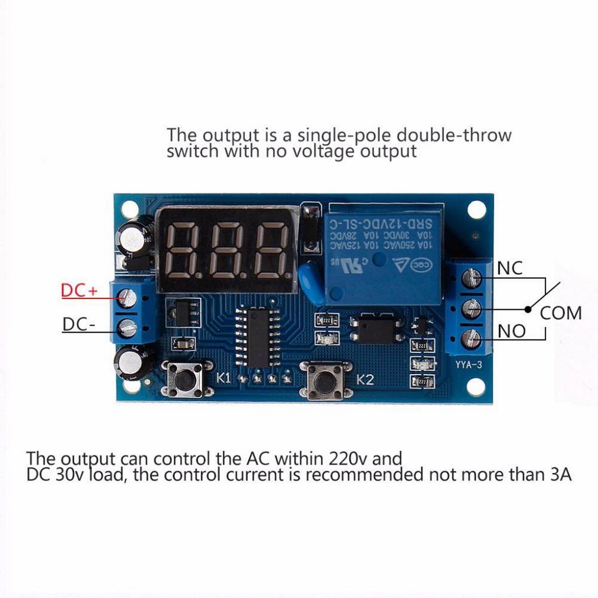 12V Digital LED Timer Module Adjustable Timer Relay Time Control Switch Trigger Timing Board - a blue circuit board with a three-digit LED display, two buttons, a relay, and screw terminals for DC power and output.