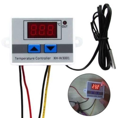 12V Digital Thermostat Temperature Controller XH-W3001 - with a grey housing, red LED display, two blue buttons, a sensor probe, and a small inset image.