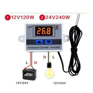 12V Digital Thermostat Temperature Controller XH-W3001 - the grey control unit with a digital display reading 26.8, two blue buttons, and a sensor.
