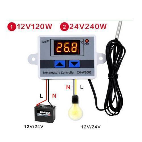 12V Digital Thermostat Temperature Controller XH-W3001 - the grey control unit with a digital display reading 26.8, two blue buttons, and a sensor.