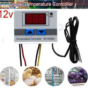 12V Digital Thermostat Temperature Controller XH-W3001 - a grey rectangular housing, red LED display, two blue buttons, and a black wired sensor.