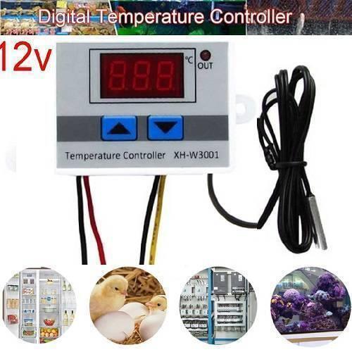 12V Digital Thermostat Temperature Controller XH-W3001 - a grey rectangular housing, red LED display, two blue buttons, and a black wired sensor.