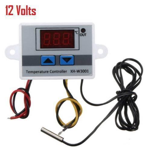 12V Digital Thermostat Temperature Controller XH-W3001 - a white rectangular device with a red LED display, two blue buttons, and attached sensor and wires.
