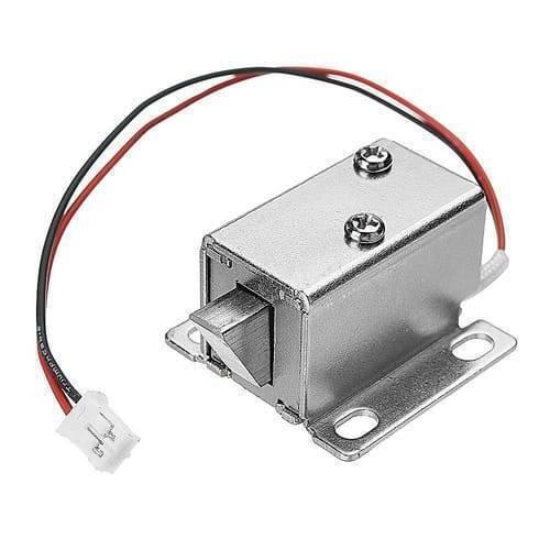 12V Drawer Cabinet Electric Door Lock 27x29x18mm Lock Assembly Solenoid - a silver metal rectangular lock with a latch and a red and black wire connector.