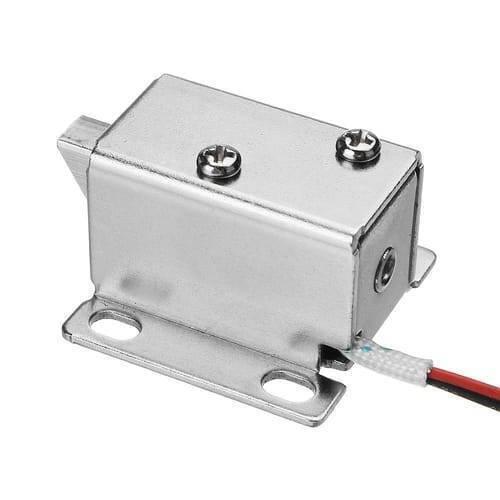12V Drawer Cabinet Electric Door Lock 27x29x18mm Lock Assembly Solenoid - a silver metal rectangular locking mechanism with two screws and red-black wires.