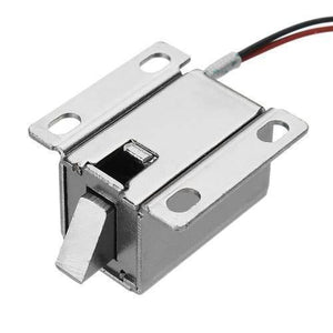 12V Drawer Cabinet Electric Door Lock 27x29x18mm Lock Assembly Solenoid - a silver metal latch mechanism with a two-wire red and black power cable.