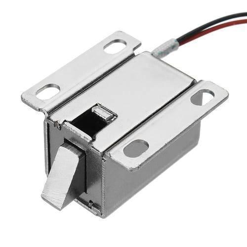 12V Drawer Cabinet Electric Door Lock 27x29x18mm Lock Assembly Solenoid - a silver metal latch mechanism with a two-wire red and black power cable.