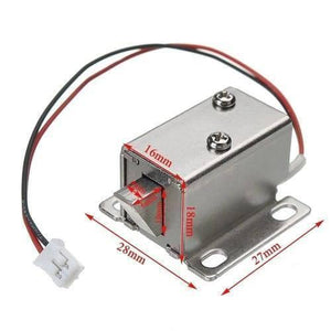 12V Drawer Cabinet Electric Door Lock 27x29x18mm Lock Assembly Solenoid - a silver metal solenoid lock assembly with red and black wires, a white connector, and superimposed dimensions.