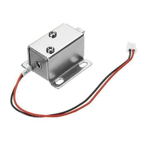 12V Drawer Cabinet Electric Door Lock 27x29x18mm Lock Assembly Solenoid - shown as a silver metal rectangular lock with a two-pin connector and red-black wires.