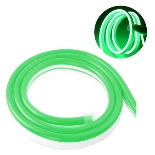 12V Green Neon Flexible Strip Light 1m Waterproof SMD 5050 Rope String Silicone Lamp Outdoor Lighting - shown as a coiled length of green silicone tubing with an inset close-up of the strip illuminated.