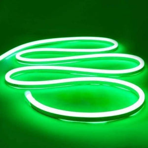 12V Green Neon Flexible Strip Light 1m Waterproof SMD 5050 Rope String Silicone Lamp Outdoor Lighting - shown as a coiled, glowing green waterproof silicone rope light on a dark green background.