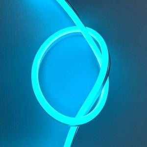 12V Ice Blue Neon Flexible Strip Light 1m Waterproof SMD 5050 Rope String Silicone Lamp Outdoor Lighting - shown as a glowing, circular loop of bright blue silicone rope light against a matching blue background.