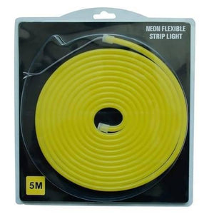 12V Lemon Yellow Neon Flexible Strip Light 1m Waterproof SMD 5050 Rope String Silicone Lamp Outdoor Lighting - shown as a 5-meter coil of yellow silicone rope light packaged on a black display card.