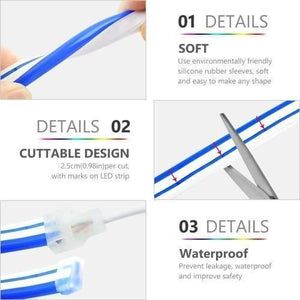 12V Neon Flexible Strip Light 1m Waterproof SMD 5050 Blue Rope String Silicone Lamp Outdoor Lighting - details of its soft silicone material, cuttable design with marks, and waterproof end caps and connectors.
